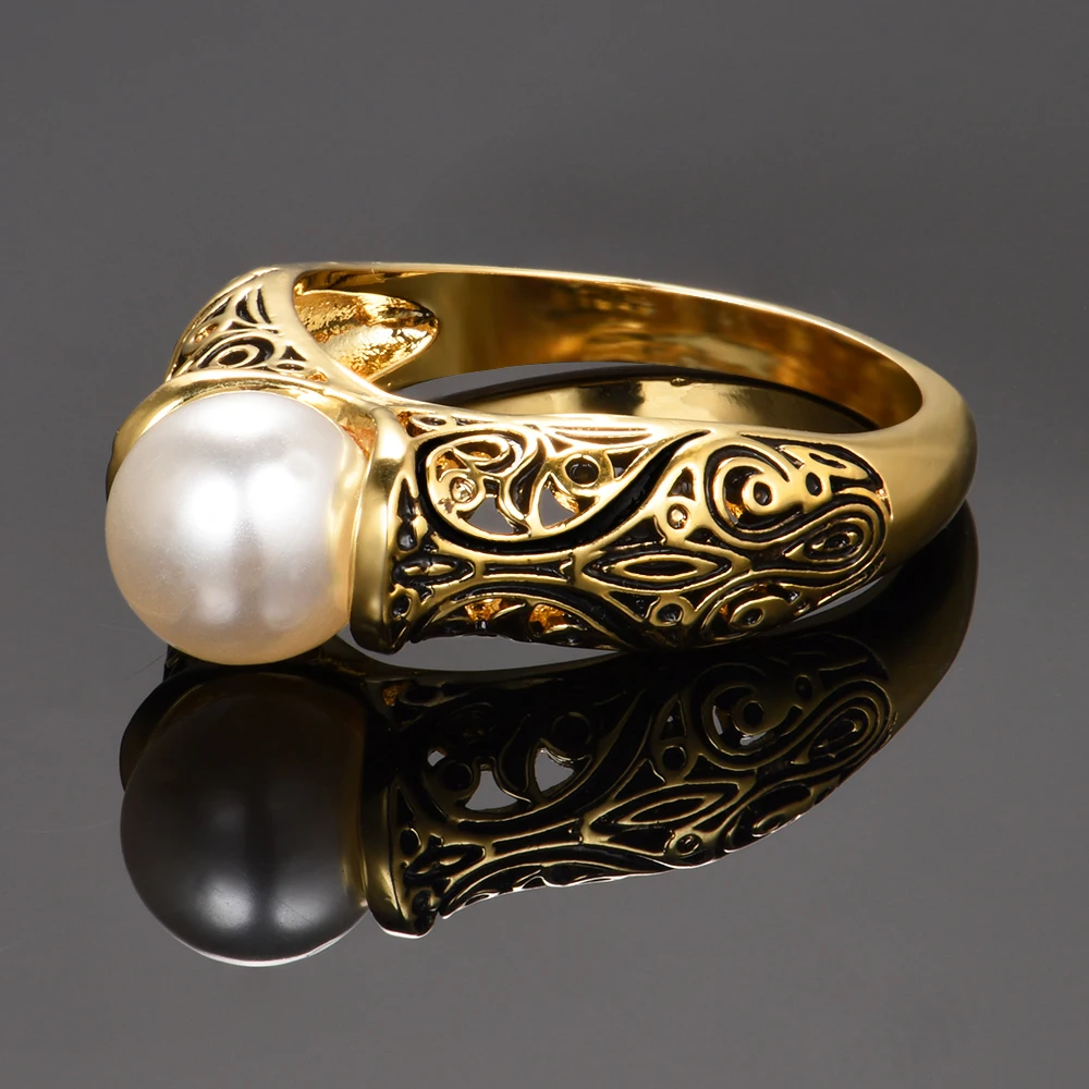 Vintage Luxusné 8MM Pearl Krúžok S Zlatá Farba Pre Ženy 925 Sterling Silver Šperky, Svadobné Zapojenie Strana Darček k Narodeninám