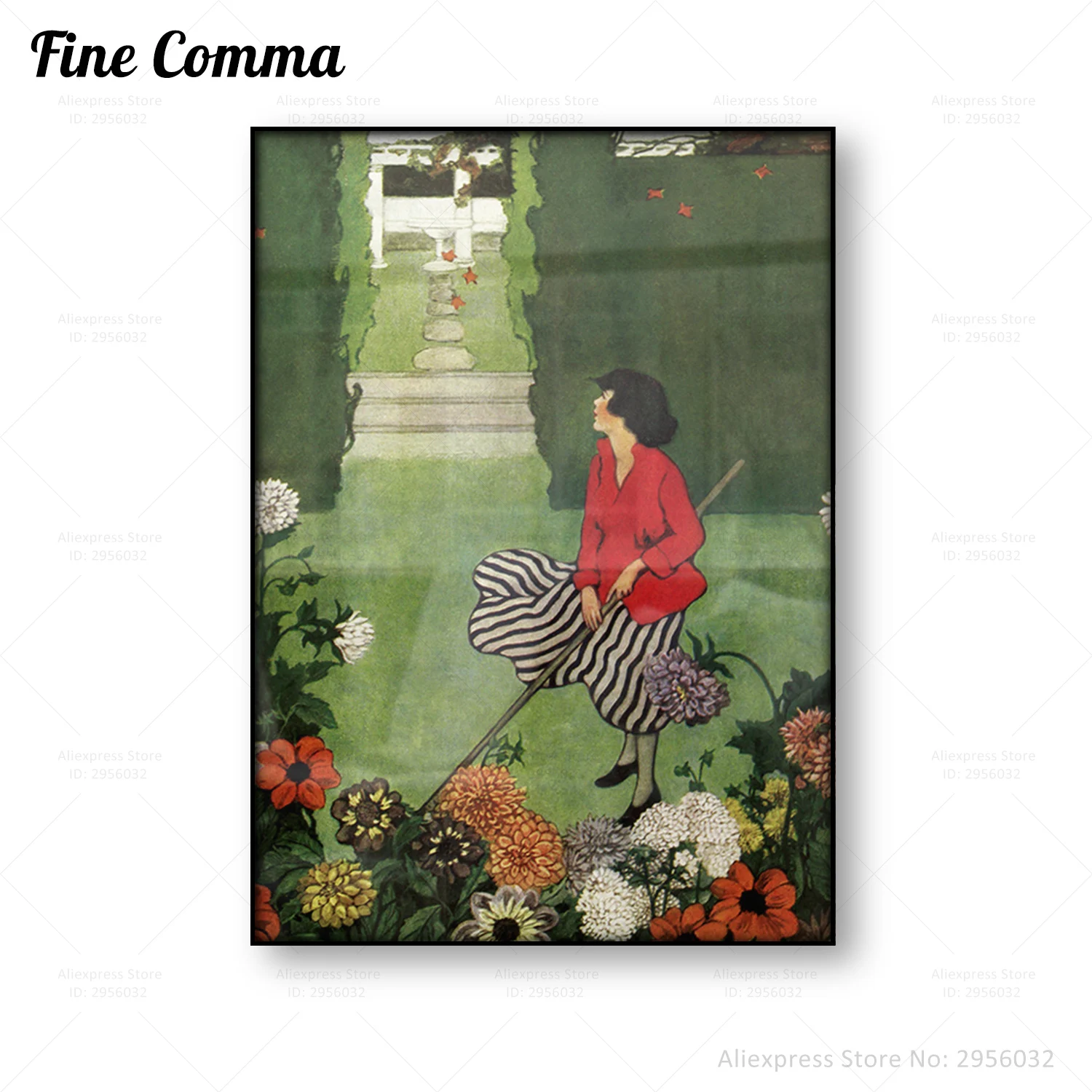 Vintage Poster Girl v Záhrade Vychutnať Slnečné Popoludnie Letné Kvety Kvety Plátno Tlačiť Wall Art Obraz Domáce Dekorácie