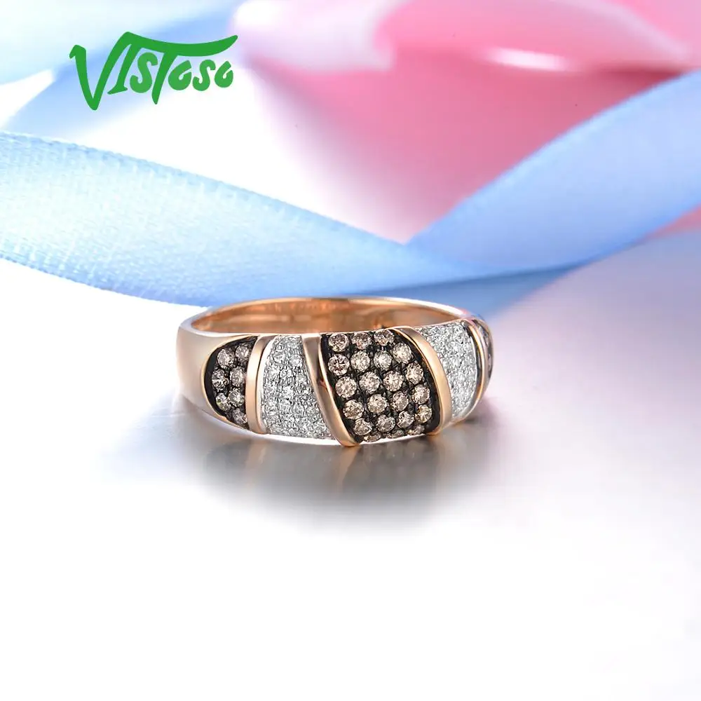 VISTOSO Čistý 14K 585 Rose Gold, Hviezdna Diamond Hnedé Diamond Jemné Krúžok Pre Ženy Výročie Zapojenie Trendy Jemné Šperky