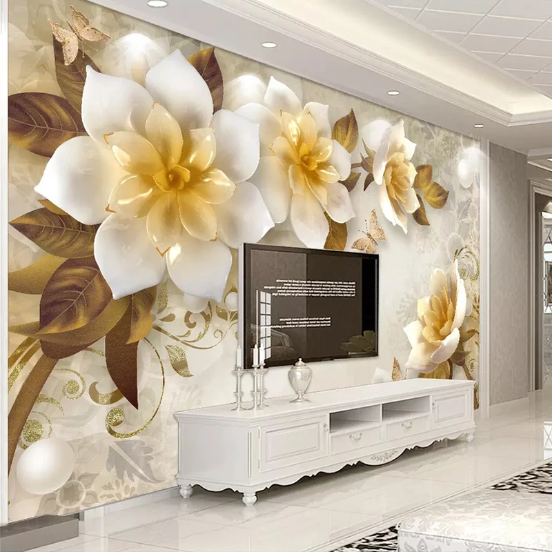 Vlastné Nástenné Nástenné Maľby v Európskom Štýle 3D Stereoskopické Razené Zlaté Kvetinové Tapety Obývacia Izba, TV joj, Dekorácie