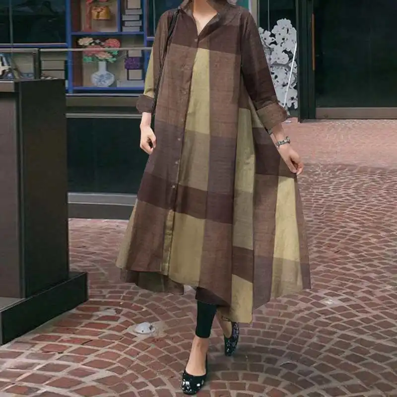 VONDA Vintage Kockované Šaty Klope Dlhý Rukáv Sundress 2021 Jeseň Ženy Asymetrické Šaty Príležitostné Voľné Tlač Módne Vestidos
