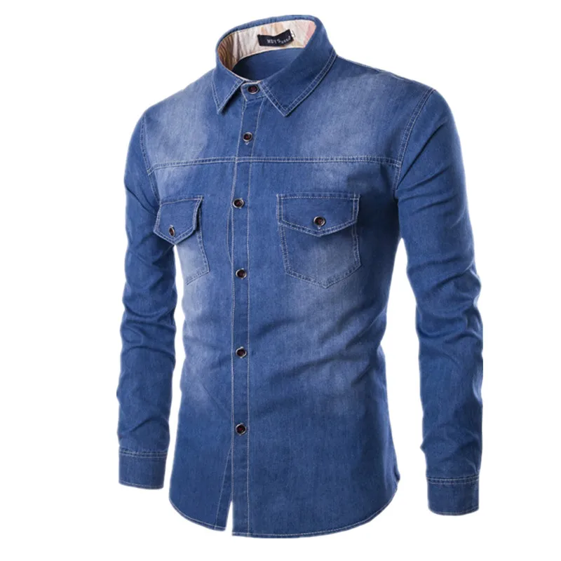 Vysoko kvalitné pánske Slim džínsové košele nové plus veľkosť M-6XL módne bežné umývanie modrá dlhým rukávom Nákladu džínsy, košele Košieľka Homme