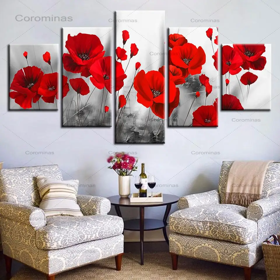 Vytlačené Plátno Obrázky Steny V Obývacej Izbe Umenie Frameless 5 Kusov Romantický Maku Obrazy Červené Kvety Plagát Modulárny Domova