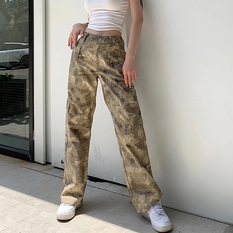 Waatfaak Vrecká Hip Hop Cargo Nohavice Ženy Harajuku Neforemné Rovno Camo Nohavice Capris Vysoký Pás Nohavice Letné Streetwear 2020