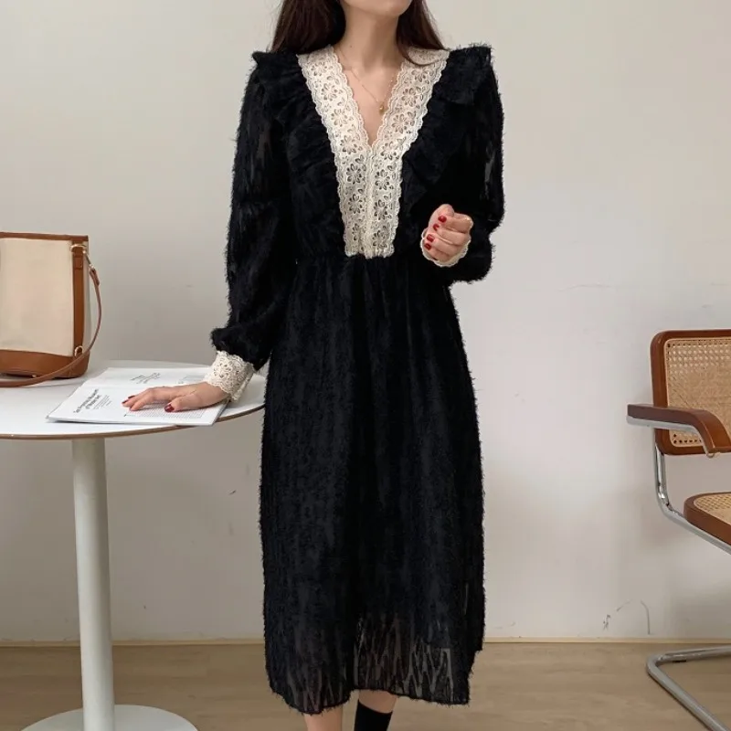 Wavsiyier Čipky, Výšivky Šaty Vintage Kórejský Štýl Party-Line Voľné Zimné Dlhý Rukáv Jar Roku 2020 Šaty Ženy, Žena Elegantné Izby