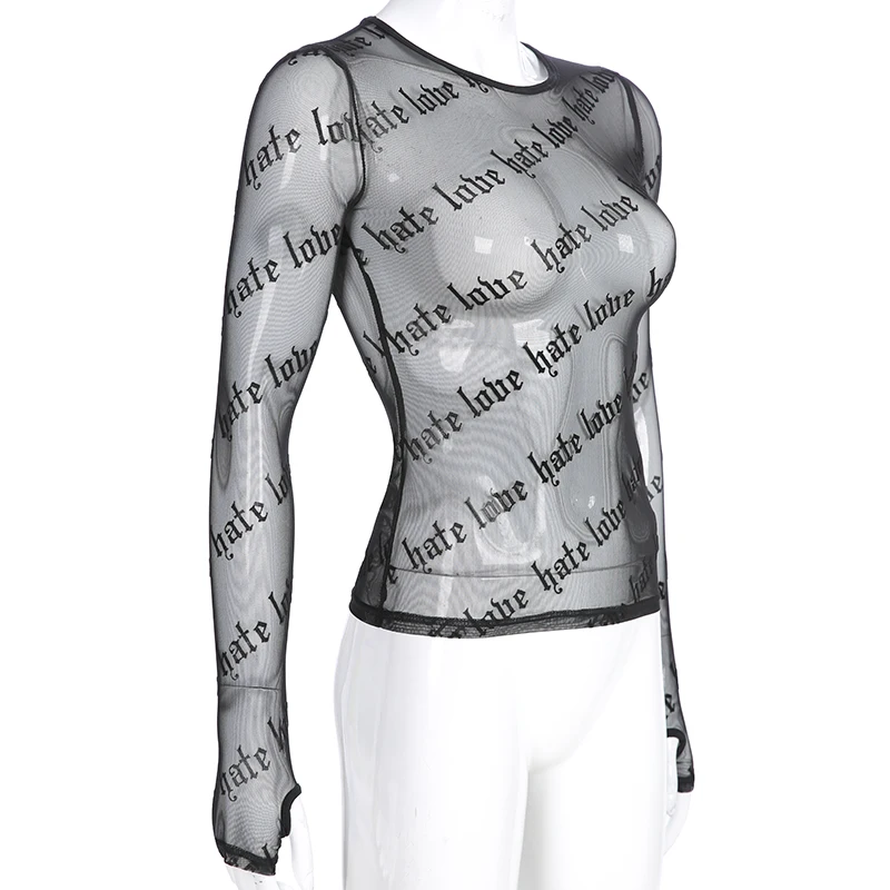Weekeep Ženy Sexy Čierne Pohľadu Dlhý Rukáv košele t O tvaru Oka Orezané t-shirt Ženy Streetwear Tee Tričko Femme Topy