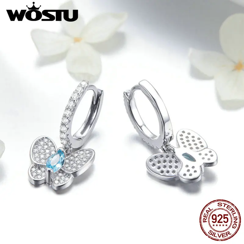 WOSTU 2019 Reálne 925 Sterling Silver Oslňujúci Modrý Motýľ Roztomilý Drop Náušnice Pre Ženy, Luxusné Strieborné Šperky Značky Darček CQE513