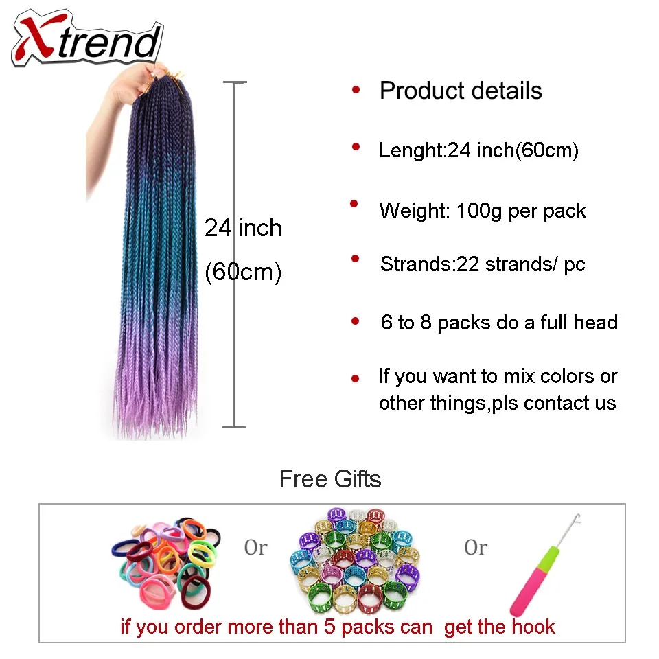 Xtrend Ombre Box Vrkoč predlžovanie Vlasov Syntetické Háčkovanie Sieťky na Vlasy 24 inch 22 prameňov za balenie Čistý Fialová, Ružová, modrá Farba