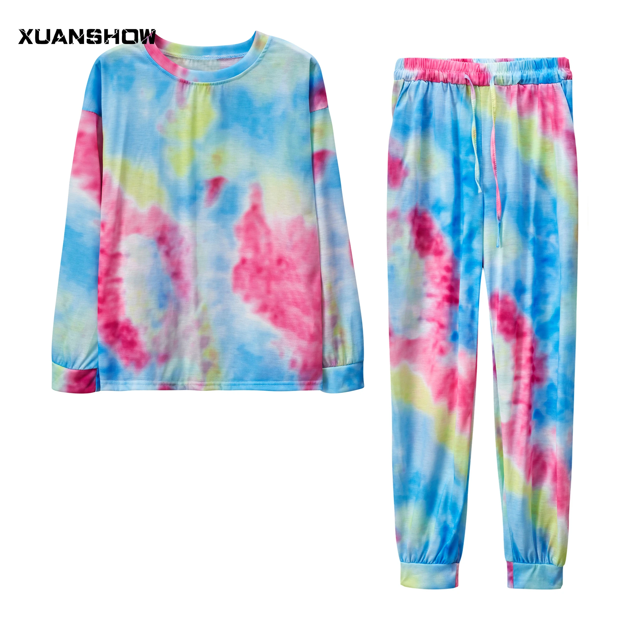 XUANSHOW Žien 2 Ks tie Dye Drop-ramenný Sweatsuit Oblečenie Salónik Pyžamo Nastaviť Plavky Oblečenie pre Ženy Chandal Mujer