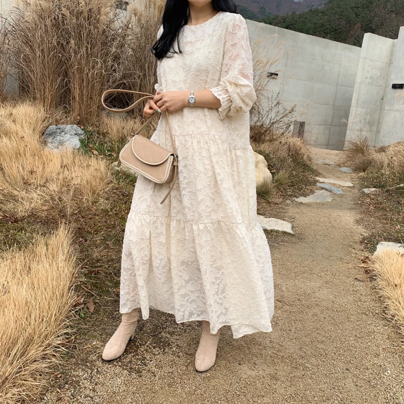 YAMDI o krk čipky prehrabať midi šaty žien elegantné šaty žena s dlhým rukávom strany vintage a-line 2020 jar leto kórejský lady