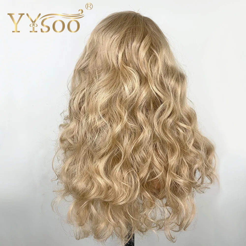 YYsoo 13x6 Syntetických Čipky Dopredu Blond Parochne pre Ženy Pol Ručne Viazané Futura Tepelne Odolných Vlákien Kučeravé Vlasy Náhradné Wigs150%