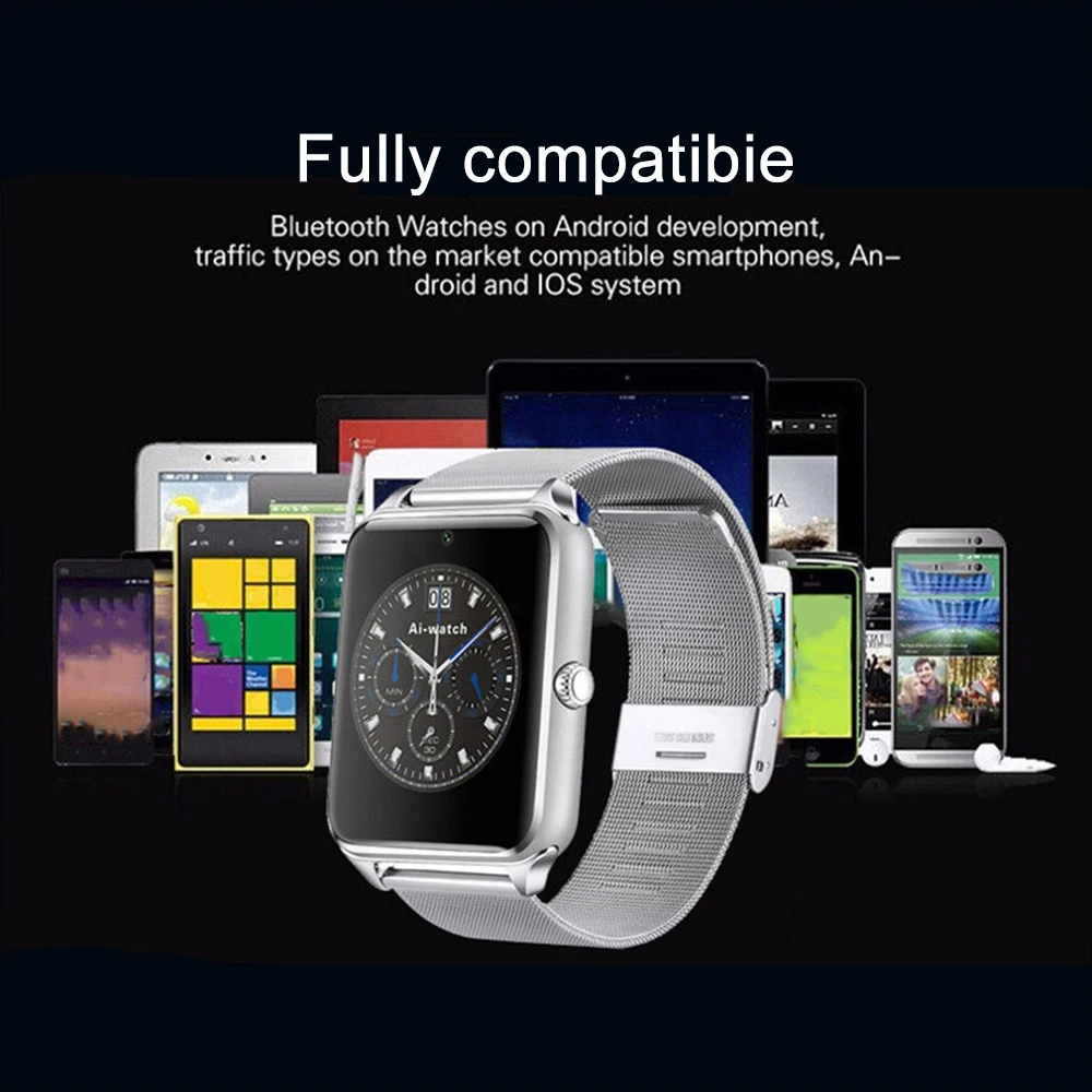 Z60 Smart Hodinky Plus Hodiny Krokomer Kovový Remienok Bluetooth Zápästie Smartwatch Podporu SIM TF Karta pre Android IOS PK S8 IWO 8