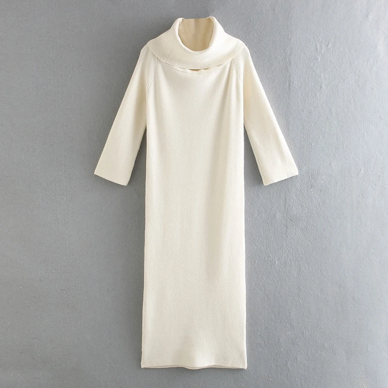 Za 2020 Vintage Ženy Sveter Šaty Béžovej Lomka Krku Pletené Bavlny Elegantné Šaty S Dlhým Rukávom Plášť Členok Dĺžka Vestidos Mujer
