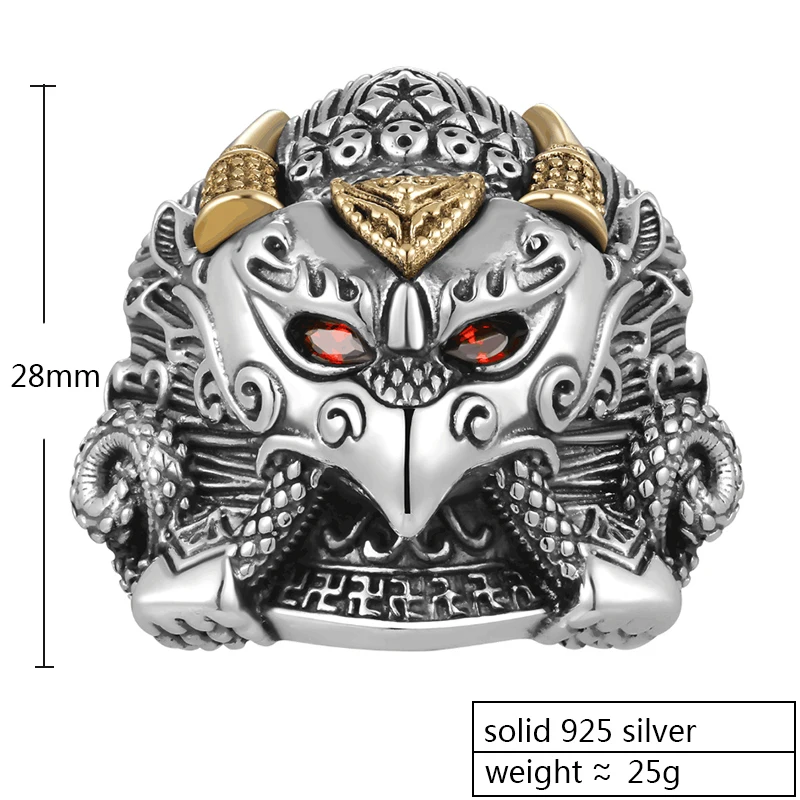 ZABRA Buddha Garuda Reálne 925 Sterling Silver Krúžky Mýtus Vták Červenými Zirkónmi Oko Zlatý Prsteň Pre Mužov Biker Šperky