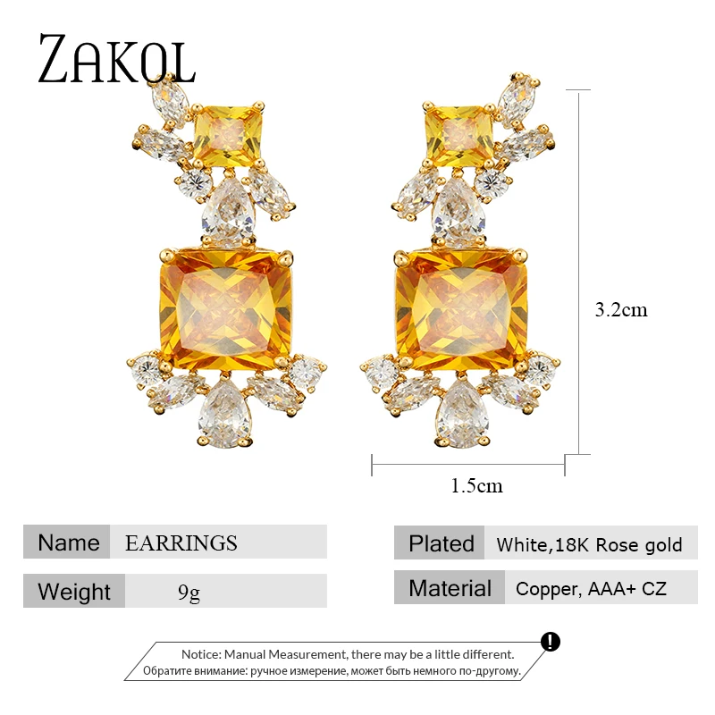ZAKOL Trendy Geometrické Veľké Suqare Žltá Kubický Zirkón Crystal Visieť Náušnice pre Ženy, Svadobné Šperky Aretes De Mujer Modernos