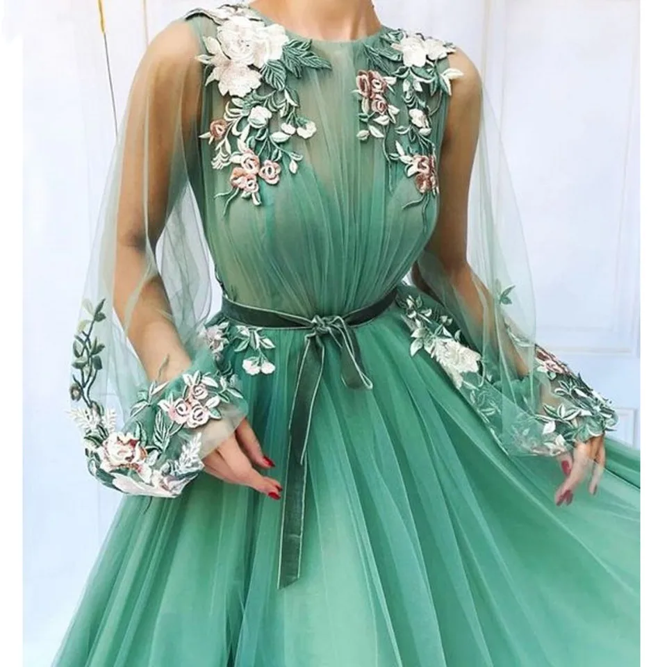 Zelené Šaty Ples 2020 Ženy Formálnej Strany Noc Vestidos De Gala Dlhé Rukávy Večerné Šaty Elegantné Ilúzie Prom Šaty