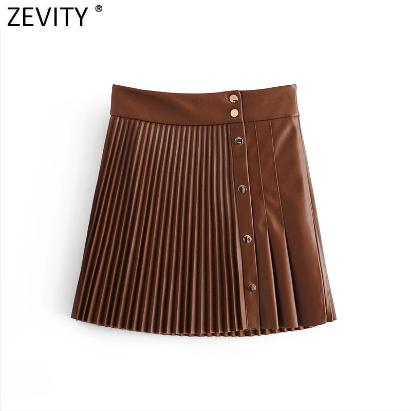 Zevity Nové 2020 Ženy Elegantné Módne Faux Kožené Skladaný Mini Sukne Femme Vintage Patchwork Kovové Modul Tlačidlo Sukne Mujer QUN710