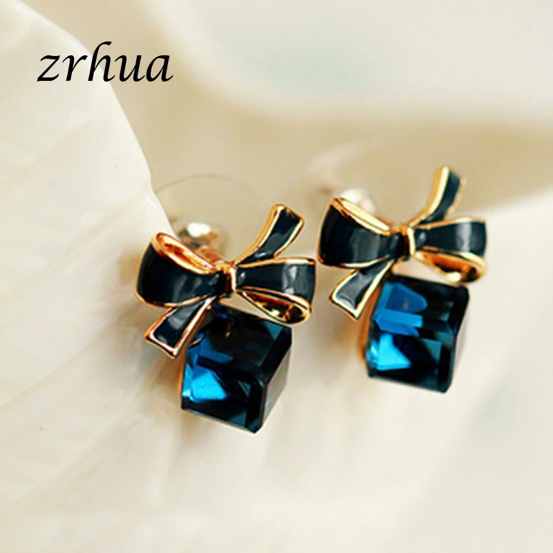 ZRHUA Hot Predaj Romantické Šperky Stud Náušnice Pre Svadobné Elegantná Zlatá Farba Modrá AAA Cubic Zirconia Kamenný Kvet Náušnice