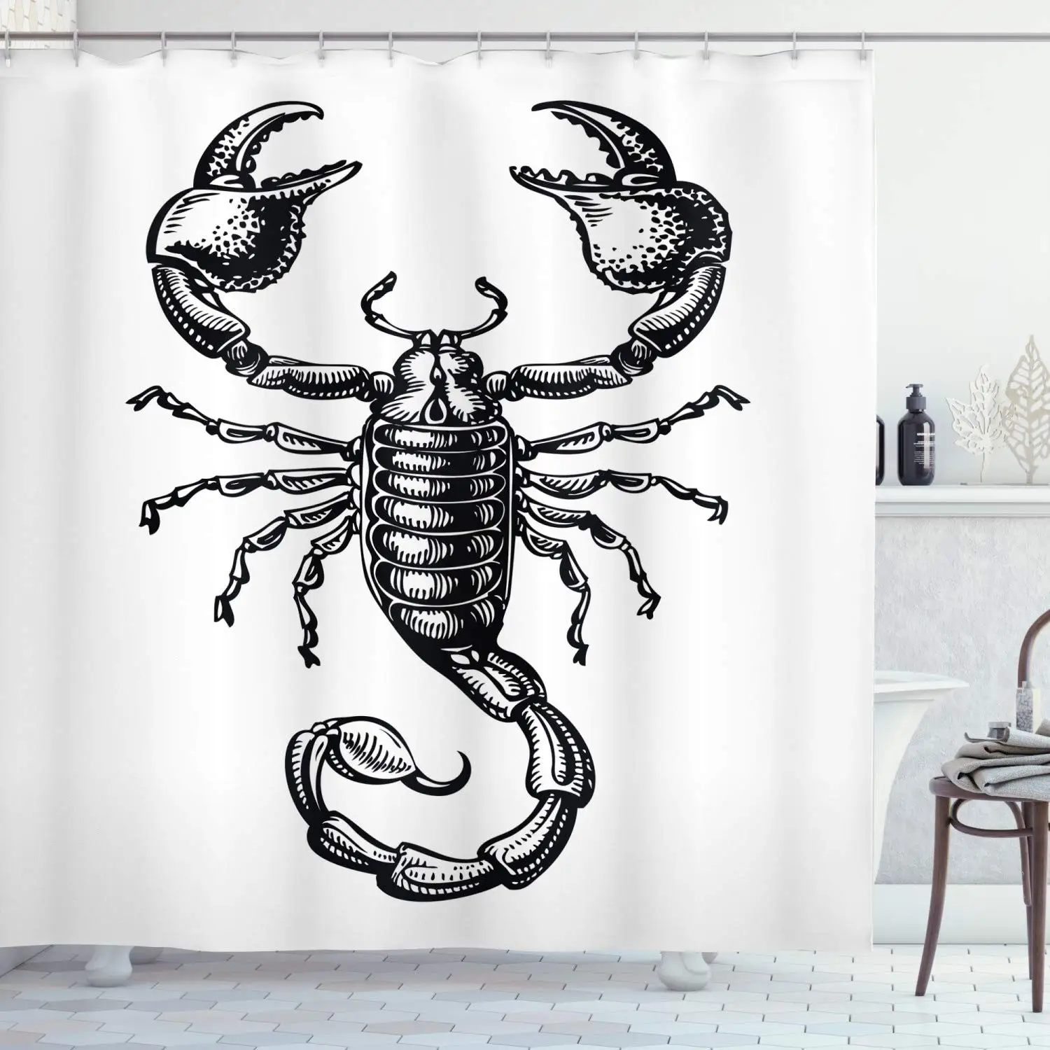 Zverokruhu Škorpión Sprchový Záves, Monochromatické Prihlásiť Komediálne Umenie Scorpion Tetovanie Zvierat Horoskopy Tému, Látky, Textílie, Kúpeľňa