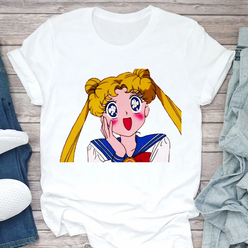 Zábavné, Roztomilé Sailor Moon Vytlačené Ženy Tričko Lete Harajuku Krátky Rukáv Biele Tričká Cartoon Bežné Žena Topy Tričko Žena