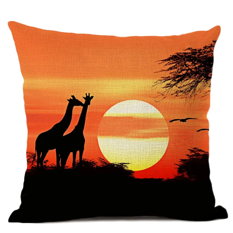 Západ Slnka Afrika Krajina Ľudí, Zvierat, Žirafa, Slon Scénické Domov Umelecké Dekoratívne Hodiť Vankúš Bavlna Bielizeň, Vankúše