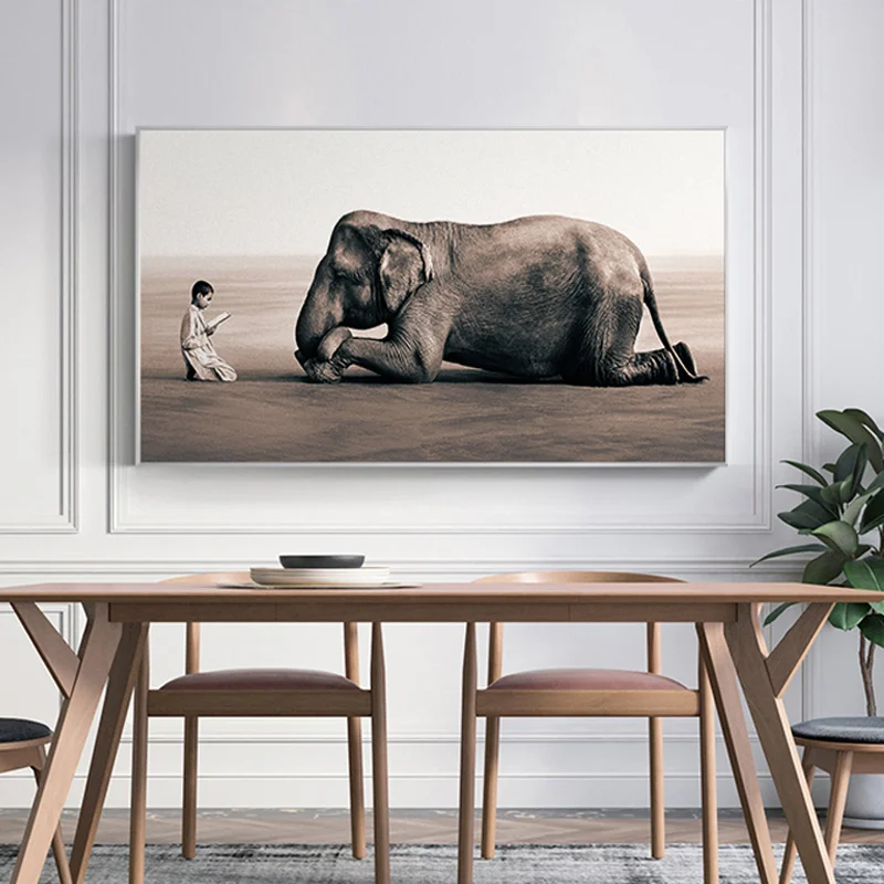 Čierna a Biela Plagát Plátno na Maľovanie Slon a Chlapec Wall Art Cuadros Tlačí na Obývacia Izba Dekor Č Rám