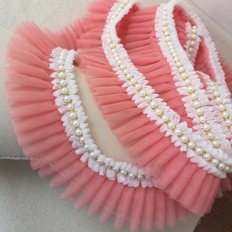 čipky textílie korálkové šifón záhyby svadobné šaty golier dekorácie odevy kutilov, remeselníkov, ružové a biele čipky stuhou 3D pearl príslušenstvo