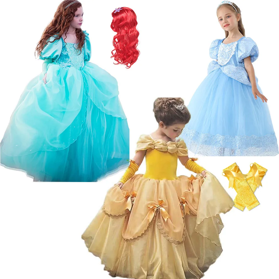 Členok Dĺžka Morská víla Belle Sofia Princess plesové Šaty, Šaty pre Dievča, Chlapec Snow White Dlhé Vlasy Anna Elsa Aladdin Kostým