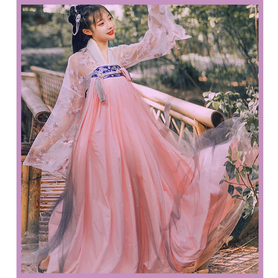 Čínsky štýl hanfu full-breasted sukne, sukne denne tradičné oblečenie vytlačené vyšívané hanfu