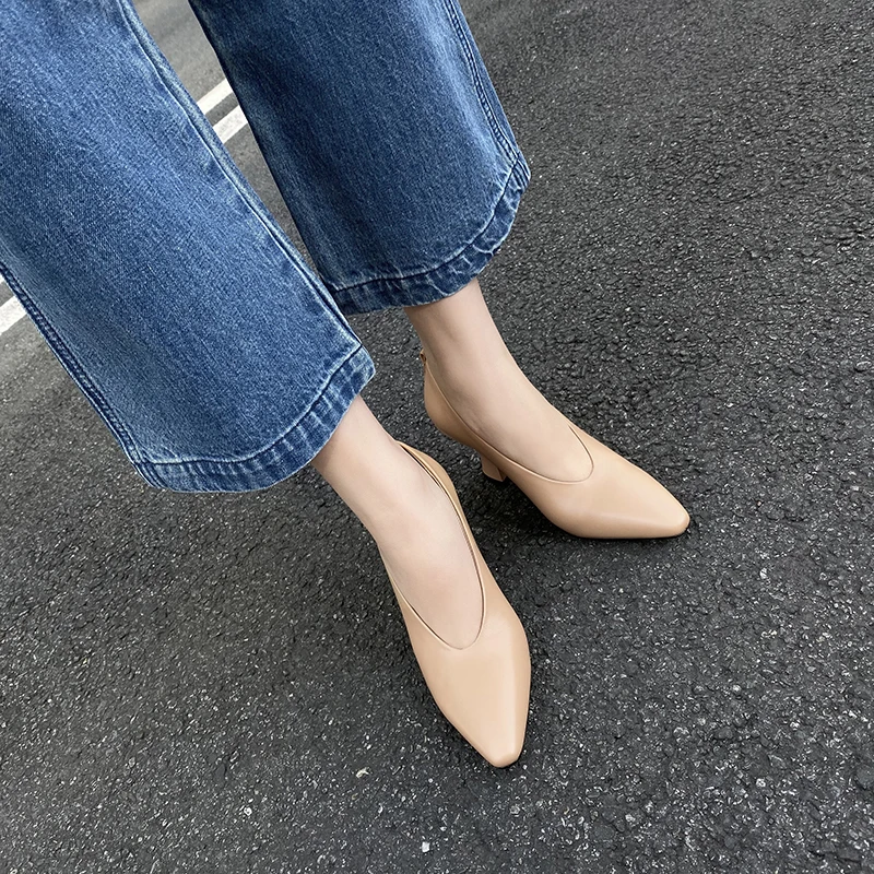 Žena čerpadlá 8 cm vysokým podpätkom office topánky pravej kože ukázal prst obuv pre voľný čas elegantné plus veľkosť AMI02 MUYISEXI