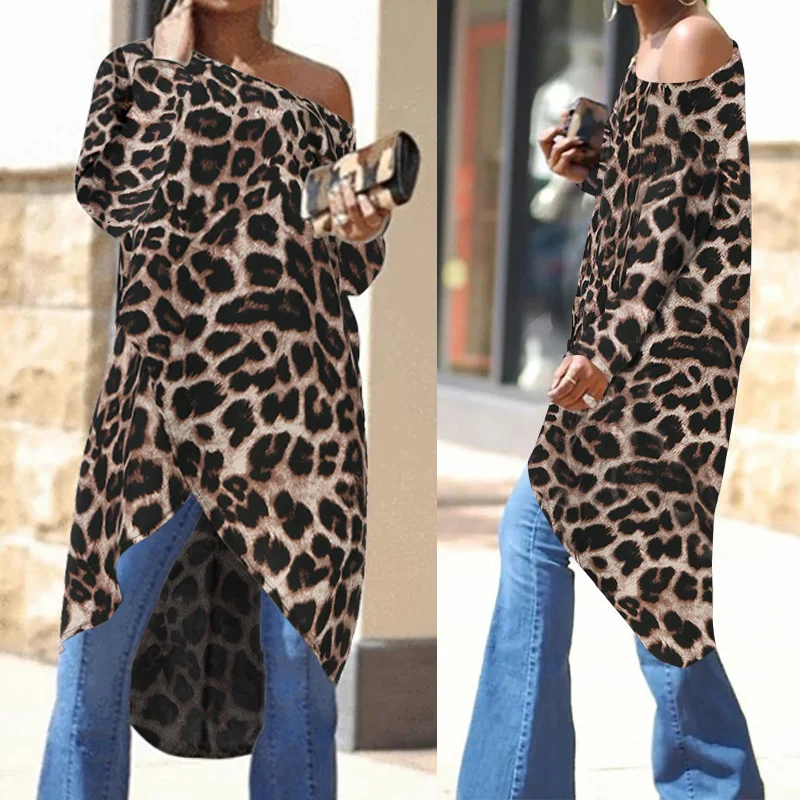 Ženy Asymetrické Topy, Tuniky Sexy Leopard Tlač Blúzky 2021 Celmia Dámy Mimo Ramenný Bežné Dlhé Košele Plus Veľkosť Blusas 5XL