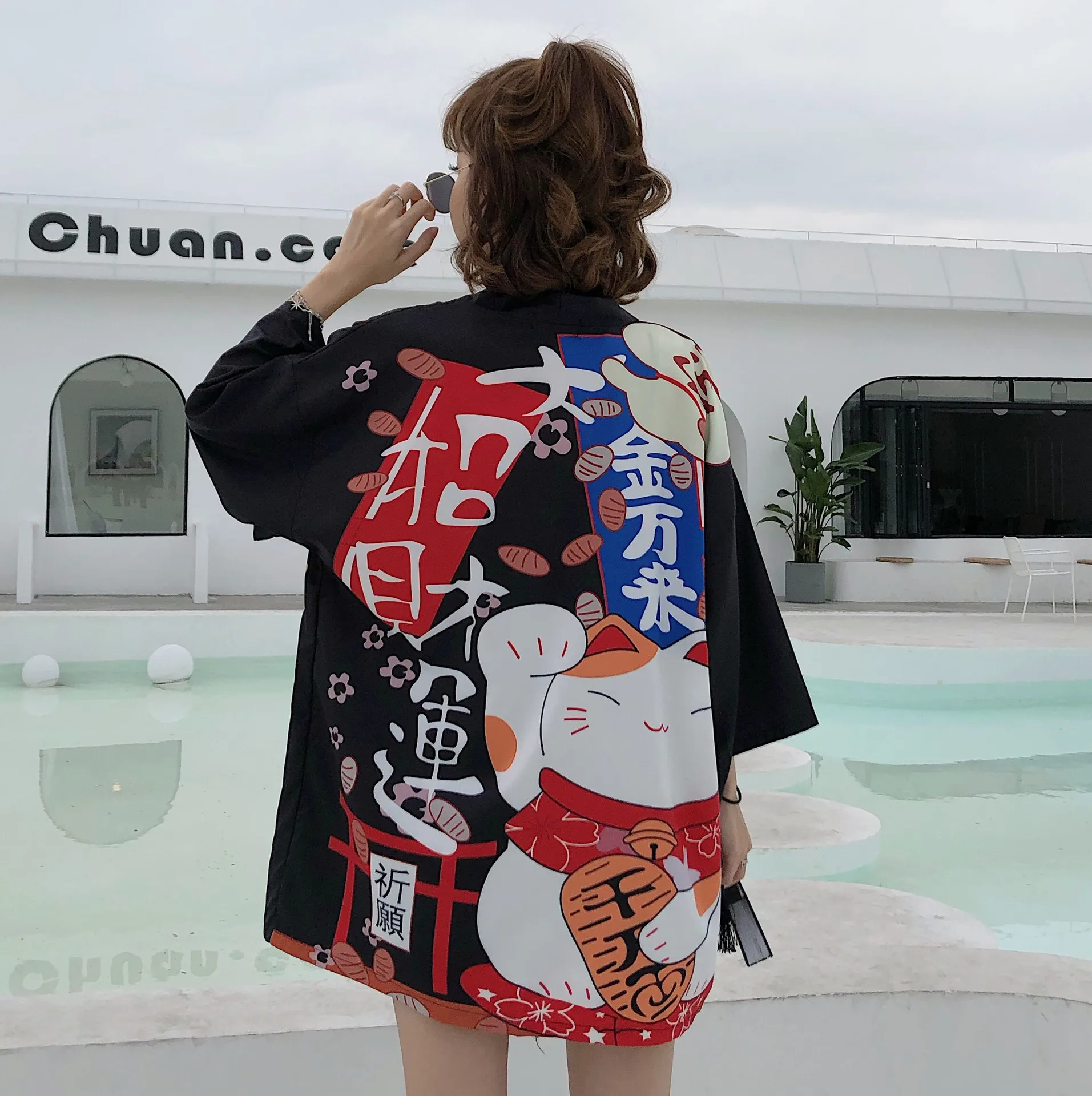 Ženy kimono cardigan bežné polovičný rukáv voľné čierne ženy japonské kimono ženy outerwea