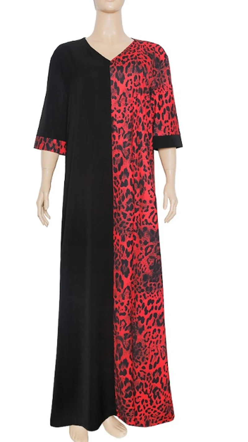 Ženy Leopard Tlač Patchwork Voľné Šaty V Krku Dĺžka Podlahy Polovičný Rukáv Fashion Lete Africkej Ženy Bežné Plus Veľkosť Dámy