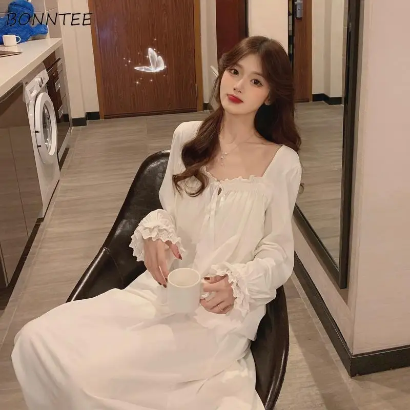 Ženy Nightgowns Pevné Čipky Volánikmi Krásne Dievčatá Voľné Členok-dĺžka Sleepshirts Elegantné kórejský Štýl Šnúrkou Salónik Nosiť Elegantné