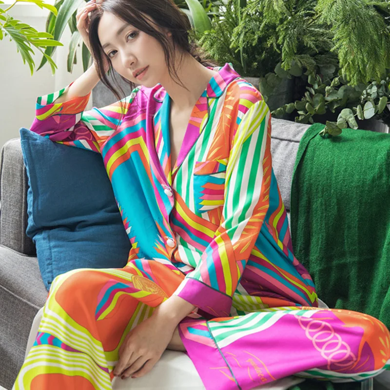 Ženy Opäť Hodvábne Pyžamo Jar Kórejský Módne Sleepwear Plus Veľkosť Sveter S Dlhými Rukávmi Set 2 Ks Sexy Saténové Pyžamá