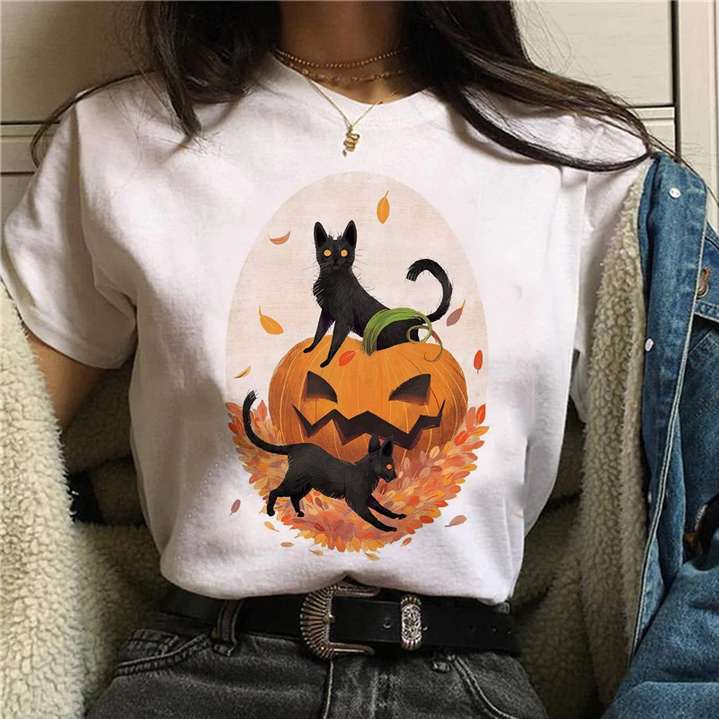 Ženy Tričko Black Cat Tričko Vražedné Mačka Nôž Ženy Vtipné Tričko Halloween Cartoon Topy Tees Femme Camisetas Verano Mujer