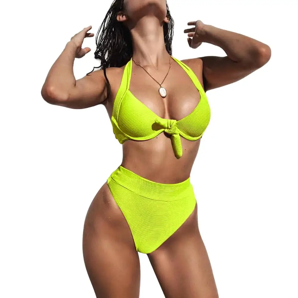 0020 Sexy Fluorescencie Zelená Vysoký Pás Push Up Bikini Set Žena Bandeau Plavky Ženy Plážové Oblečenie Plavky Veľkoobchod