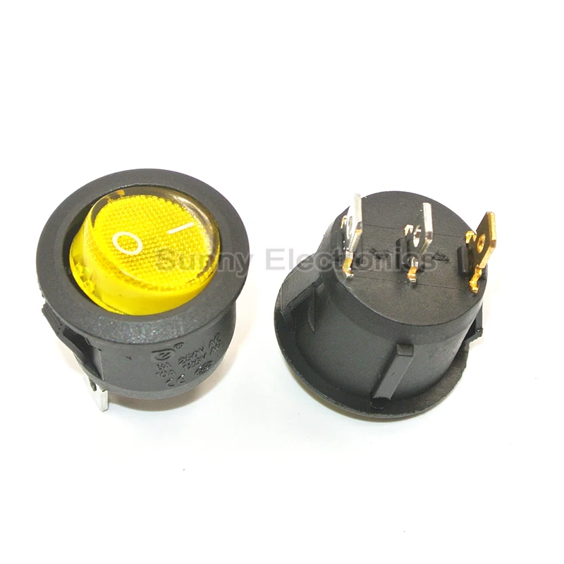 100ks Žltá Neon 3 kolík 4,8 mm svorky 220V Univerzálne LED svetelné Auto tlačidlo svieti ON/OFF Kola Kolískový Spínač