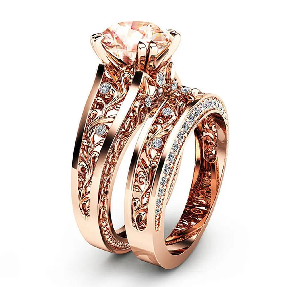 14 karátové ružové zlato farba vintage rezbárstvo krúžky, sada pre ženy royal šampanské crystal zirkón diamantov, drahých kameňov strany šperky bijoux