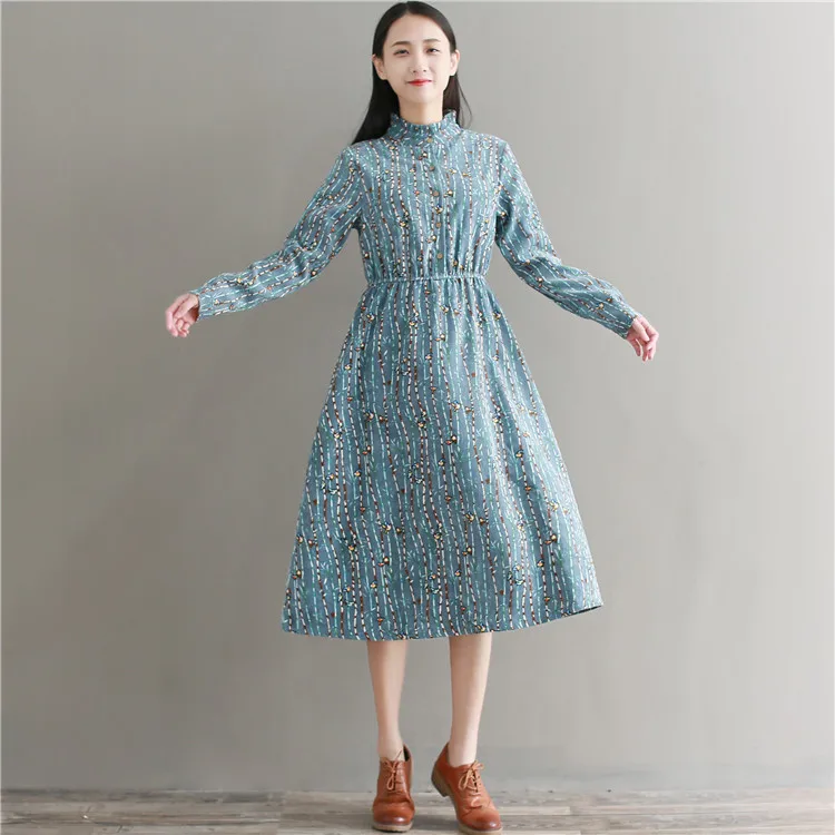 2018 jar vintage dlhý rukáv vták šaty nový štýl jeseň menčestrové šaty pre ženy