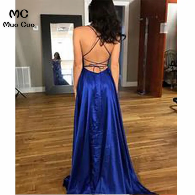 2018 Royer Modrá Prom Šaty, Dlhé tvaru Predné Split Dĺžka Podlahy Backless Lesklý Satén Formálne Večerné Party Šaty pre Ženy