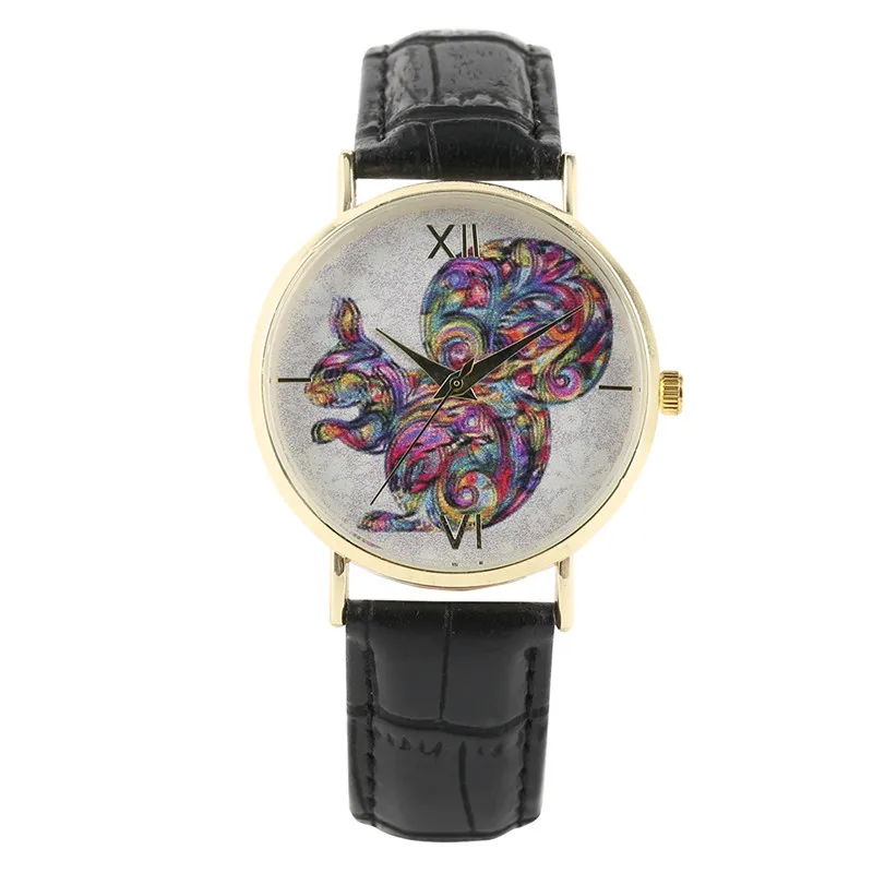 2018 Ženy, Náramkové hodinky Veverička Dizajn Black Ružový Kožený Remienok Módne Quartz Hodiny Roztomilý Dievča Darček YISUYA Tvorivé Relogio