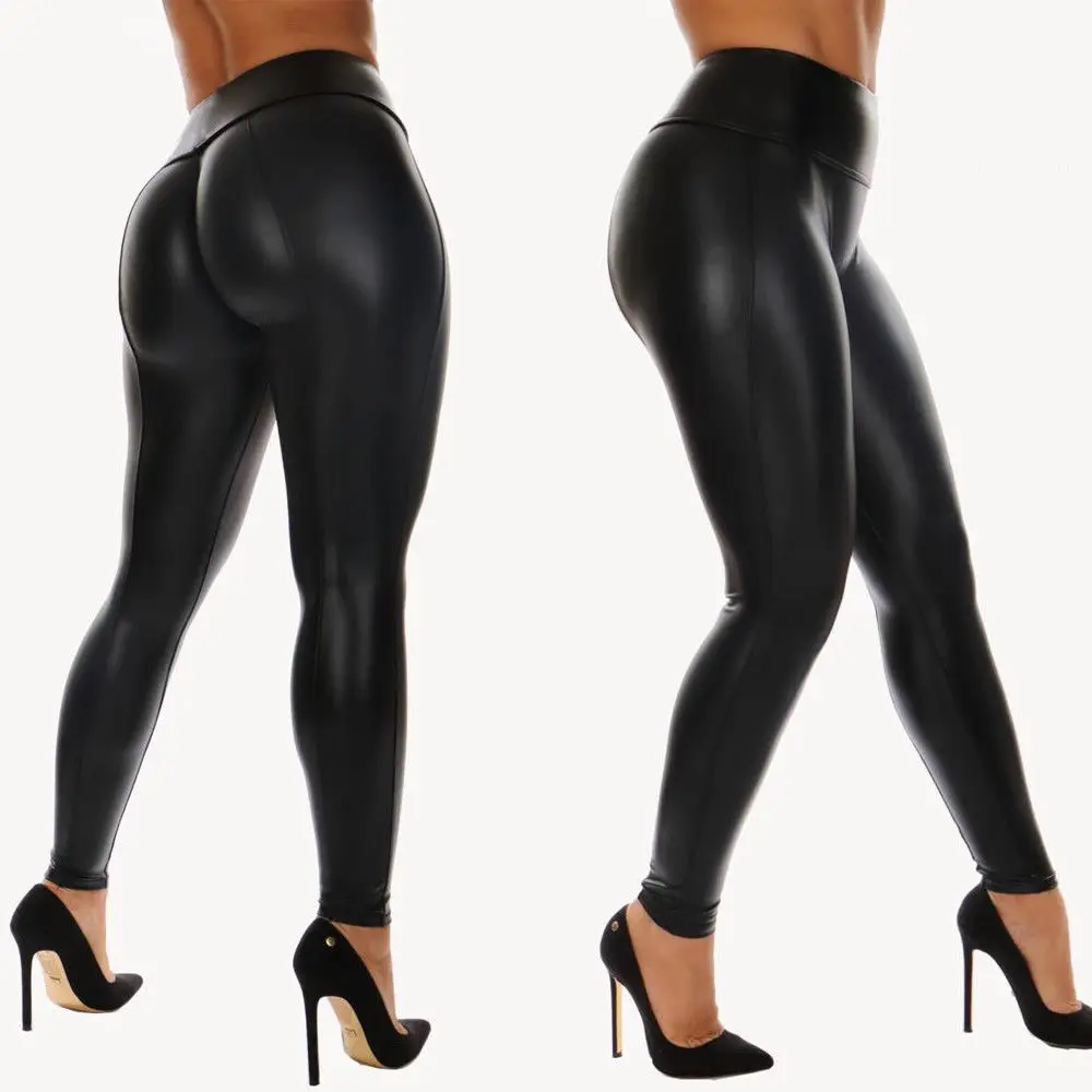 2019 dámskej Módy Lesklé Bling Vysoký Pás Fitness PU Nohavice Mokrý Vzhľad Faux Kožené Slim Čierne Legíny Plus Veľkosť XL