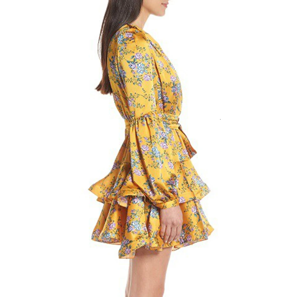 2019 Jeseň Fashion Nové Žien Tlač Rozstrapatené Luk Šaty Žena Zmysel tvaru Lístkového Rukáv Vysoký Pás Čipky Šaty Veľkoobchod Vestidos