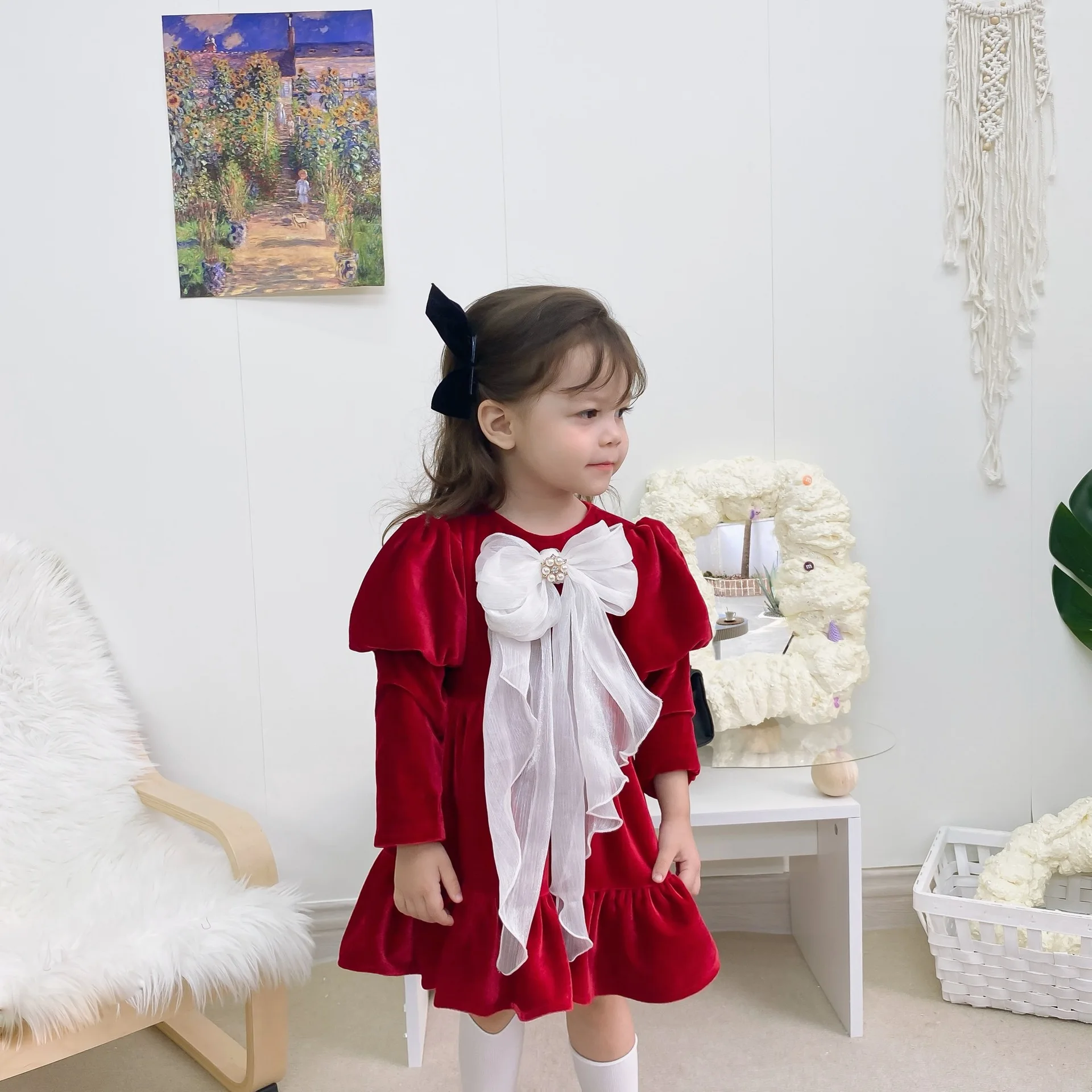 2020 Batoľa Dievčatá Velvet Nový Rok Šaty pre Deti na Vianoce, Červené Šaty s Mašličkami Krásne Princezná Zimné Oblečenie
