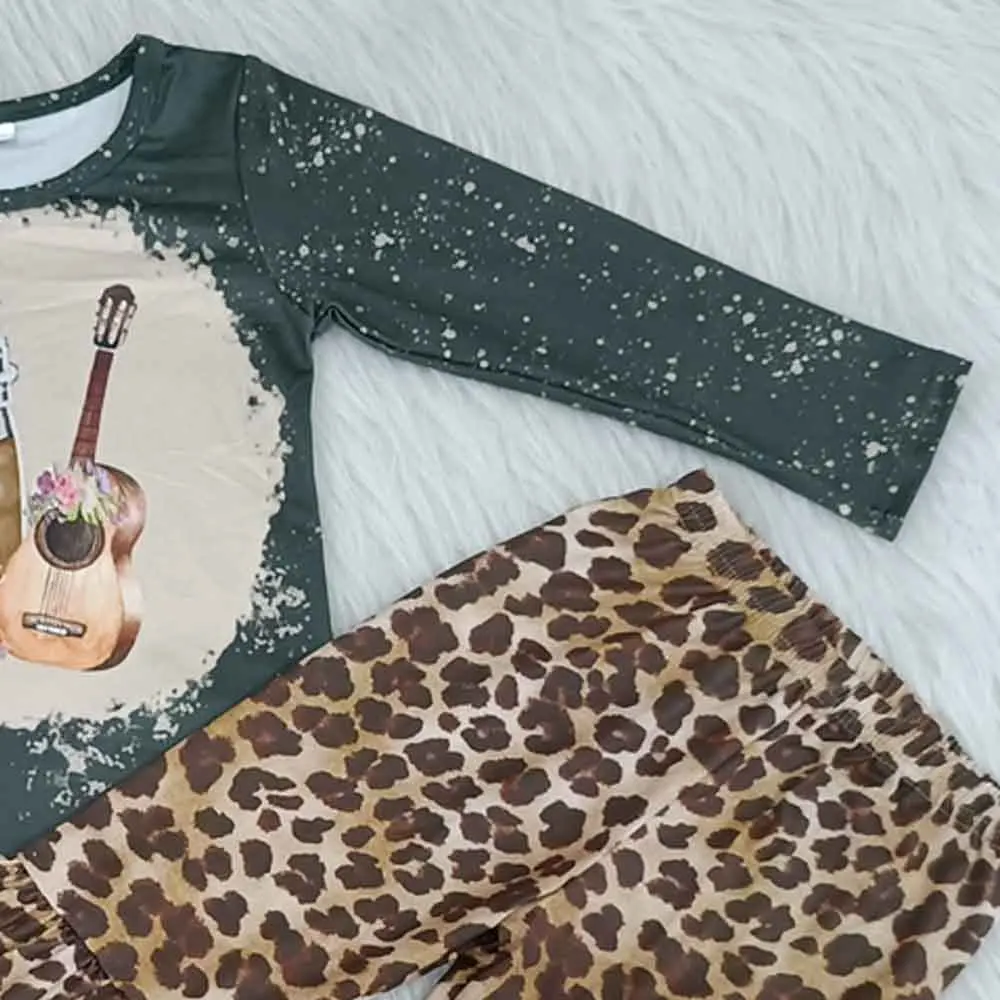 2020 Dieťa Šťavy Gitara Tlač Tričko Leopard Zvony, Nohavice, Oblečenie Pre Deti Nosenie Jeseň Zima Oblečenie Dievčatá Dlhý Rukáv Šaty Sady