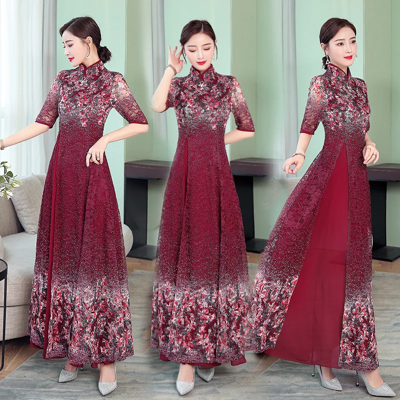 2020 jar nové retro šifón čipky šaty žien lepšiu cheongsam spoločenské šaty veľkosť M-4XL vysoko kvalitný elegantný vestidos