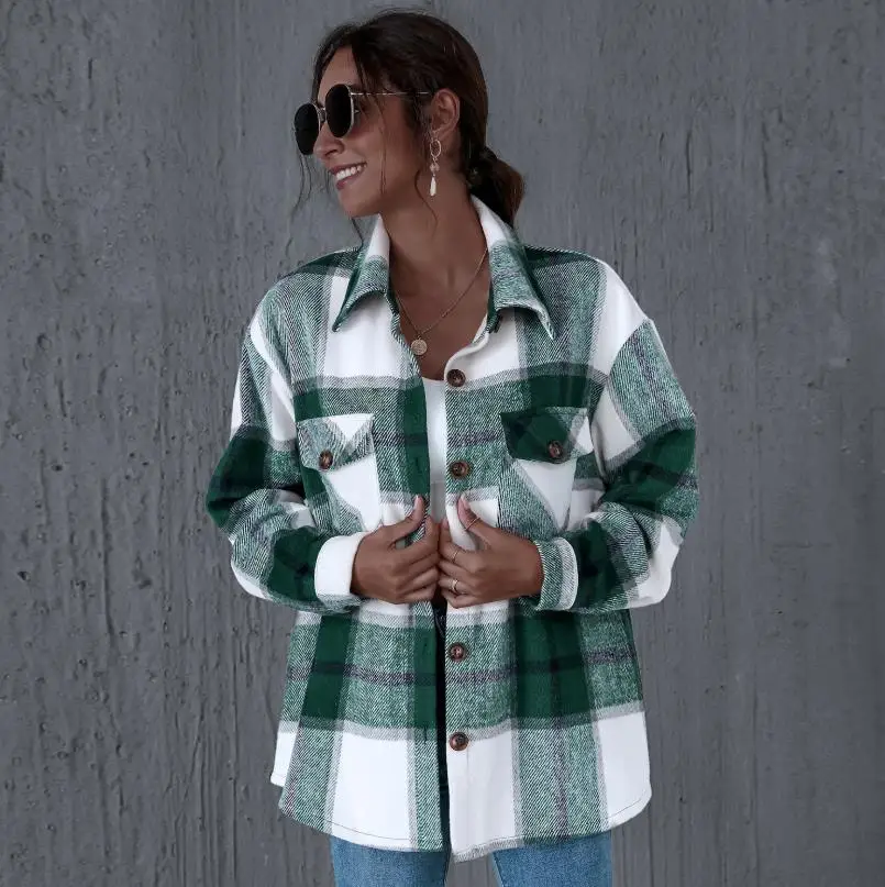 2020 Jeseň Bežné Kockované Košele Ženy Coats Tlačidlá Vrecká Žena Bundy Kabát Streetwear Dámy Jar Voľné Nátery Vrchné Oblečenie