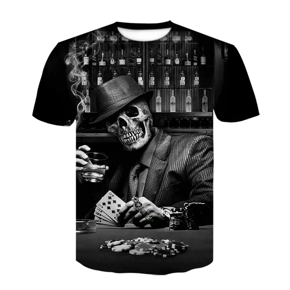 2020 Lete Nové čierne tričko 3d poker Lebky T shirt pre Mužov Krátke rukáv tričko Zábavné tričká tlač pánske Oblečenie, topy & čaj