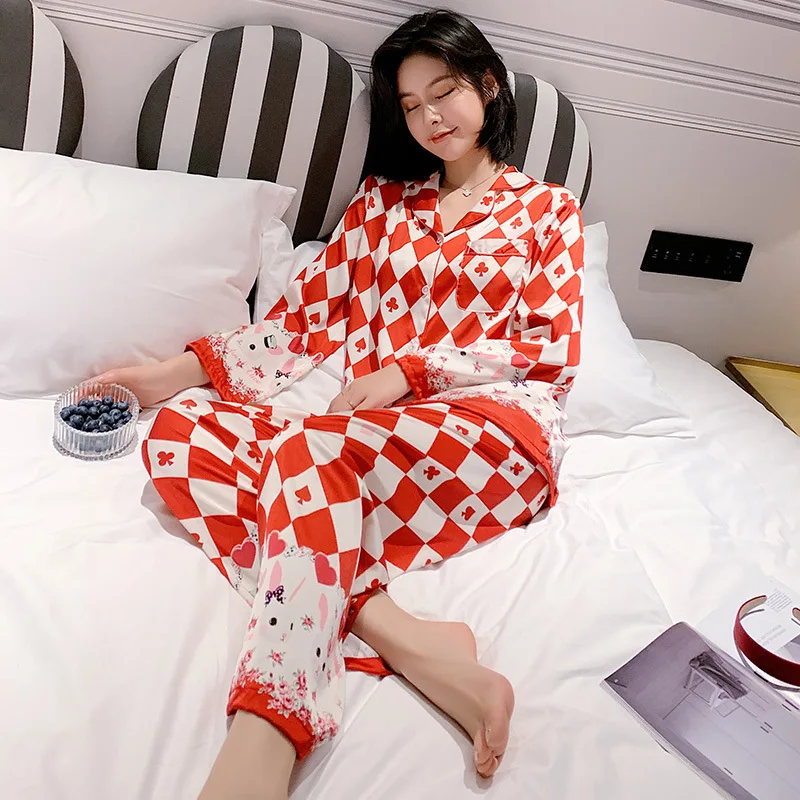 2020 Nové Najnovšie Hodváb Pyžamá pre Ženy Sladké Cartoon Pyžamá Ženy Elegancie Dlhý Rukáv oblečenie pre voľný čas Dámy Sleepwear Sady